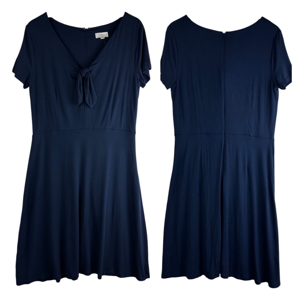 New LOFT Ann Taylor Sz Large 12 14 Dress Navy Blue Tie Front Nautical Coastal - Picture 2 of 4